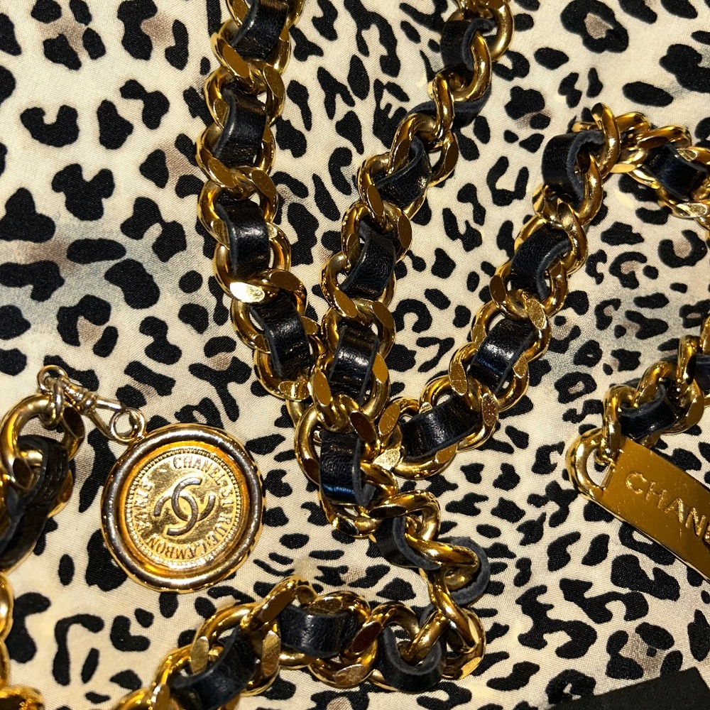 Chanel Goldtone Chain Belt with Black Leather & Charm - 32”